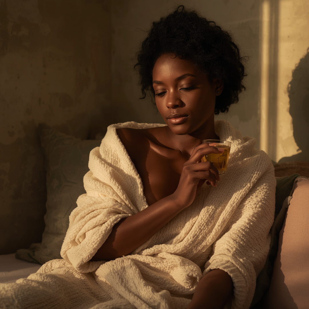 Woman wrapped in cozy white robe sips golden herbal tonic in warm, serene light, embodying calm vitality.