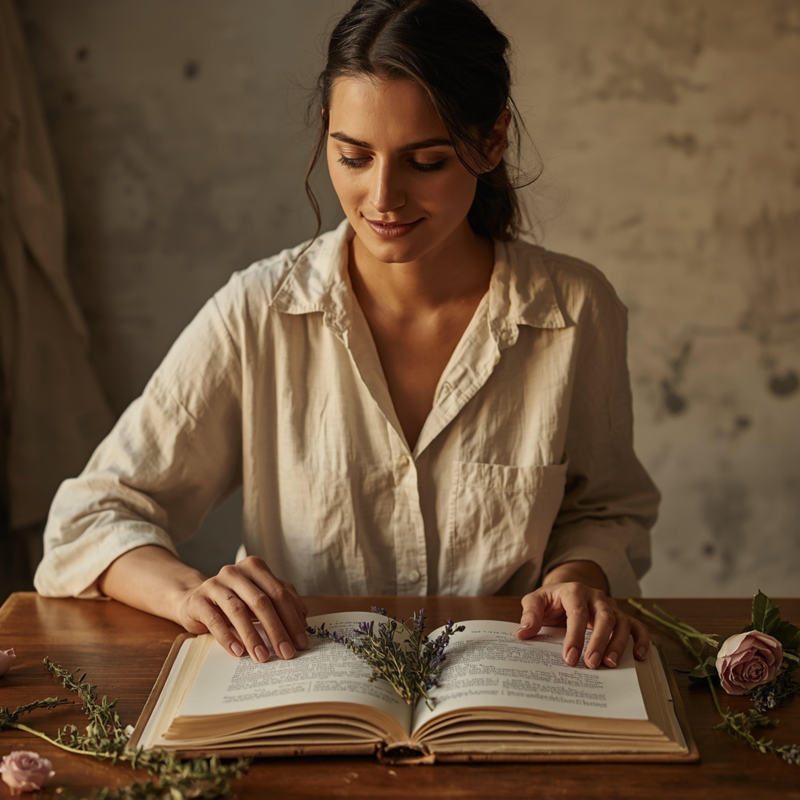 Woman reading herbal guide, surrounded by lavender and roses, warm natural light, calm and curious expression.