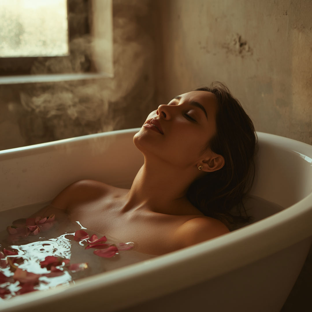 Woman relaxing in steamy bath with floating rose petals, warm golden light, serene self-care moment.