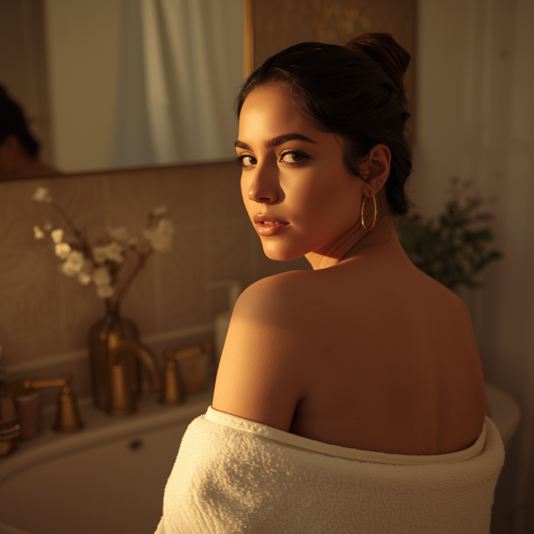 Warm golden light bathes a woman in a white towel, surrounded by elegant brass fixtures and delicate blooms—luxurious bath & body essentials for serene self-care.