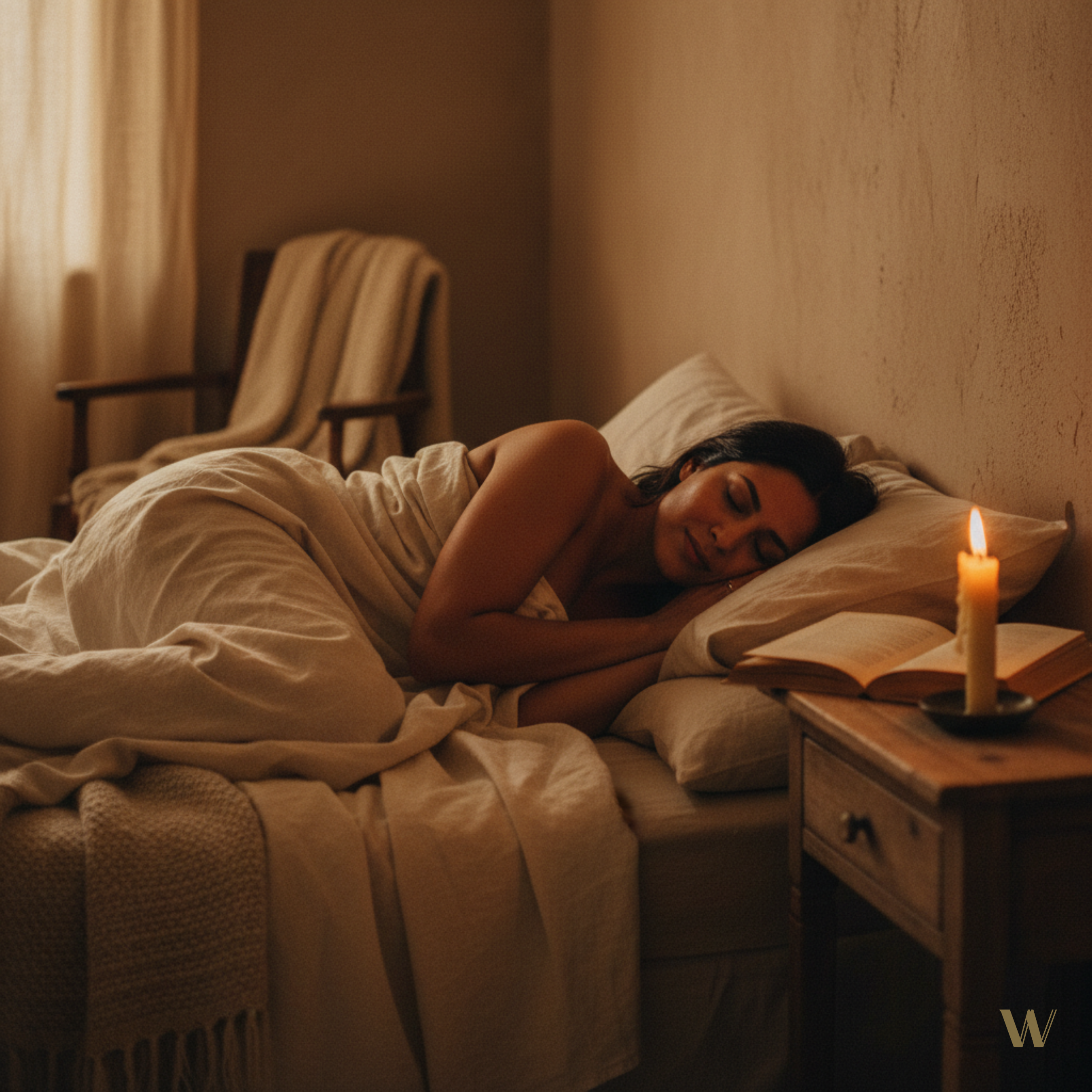 Soft beige linen bedding, candlelit nightstand, serene sleep—REST & CALM essentials for peaceful nights.