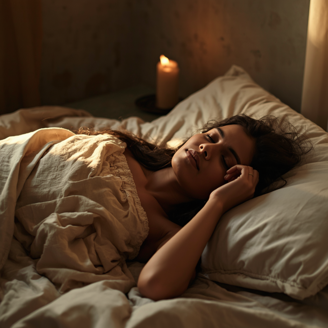 Soft candlelit glow illuminates serene sleep in neutral linen bedding, evoking calm and restful nights.