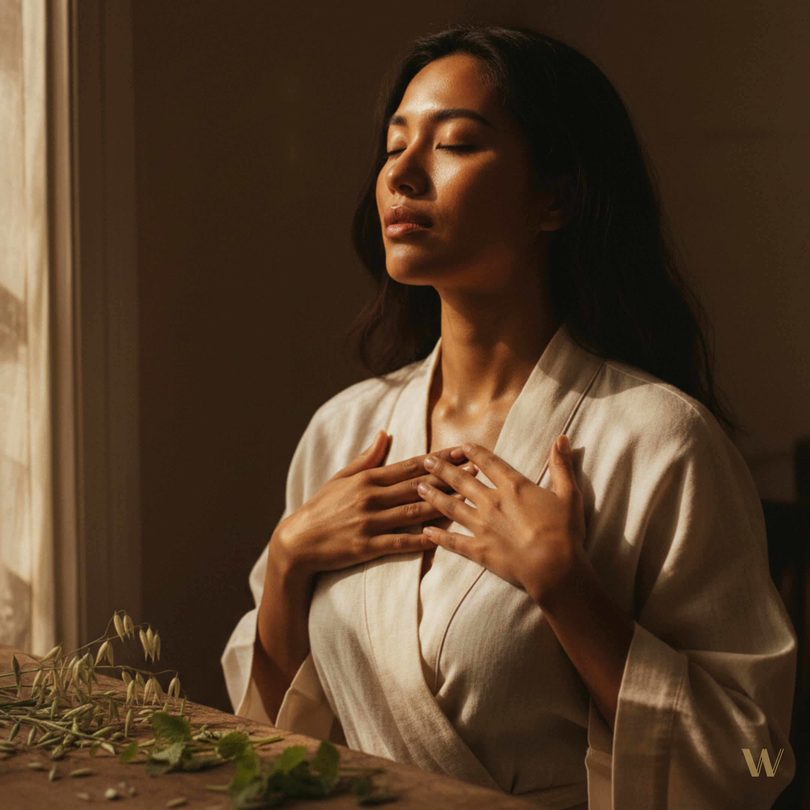 Woman in soft white robe meditates by window, hands on heart, surrounded by calming herbs—Calm & Nervous System wellness collection.