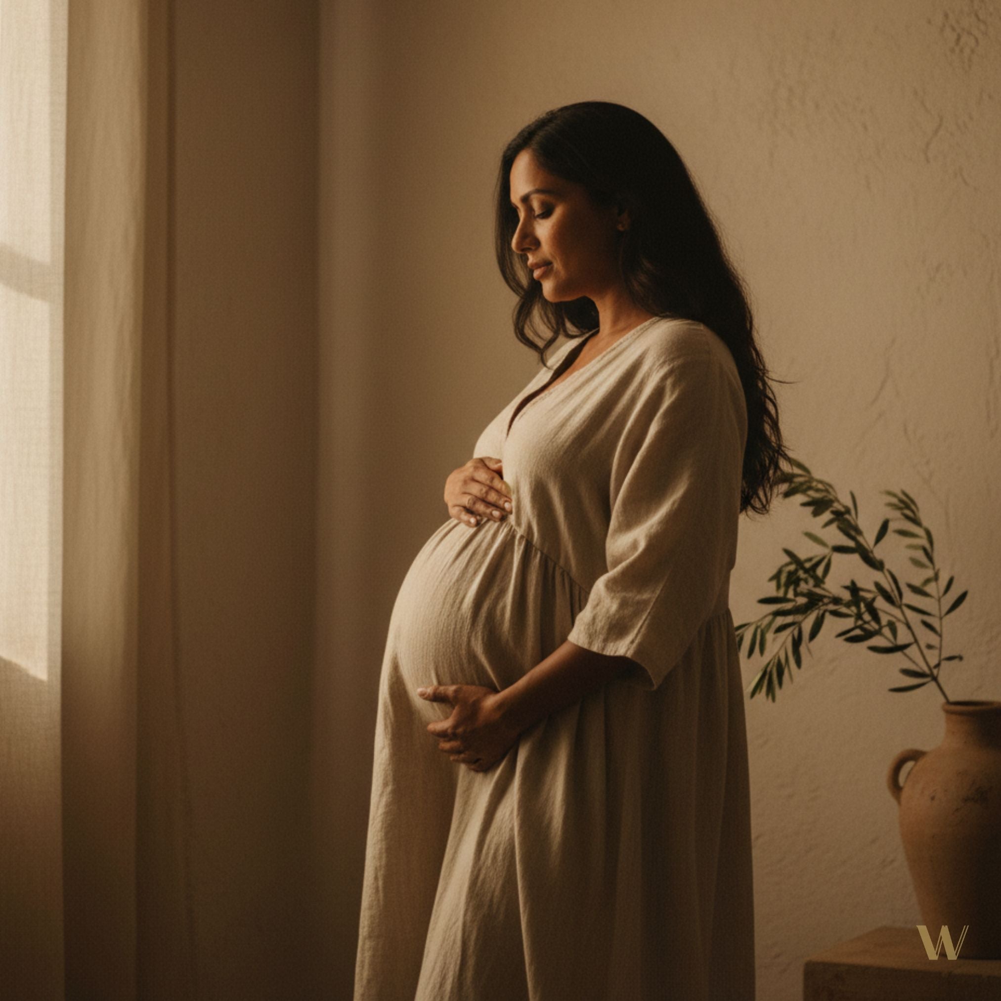 Pregnant woman in soft beige maternity dress, cradling belly by window, warm natural light, serene motherhood moment.