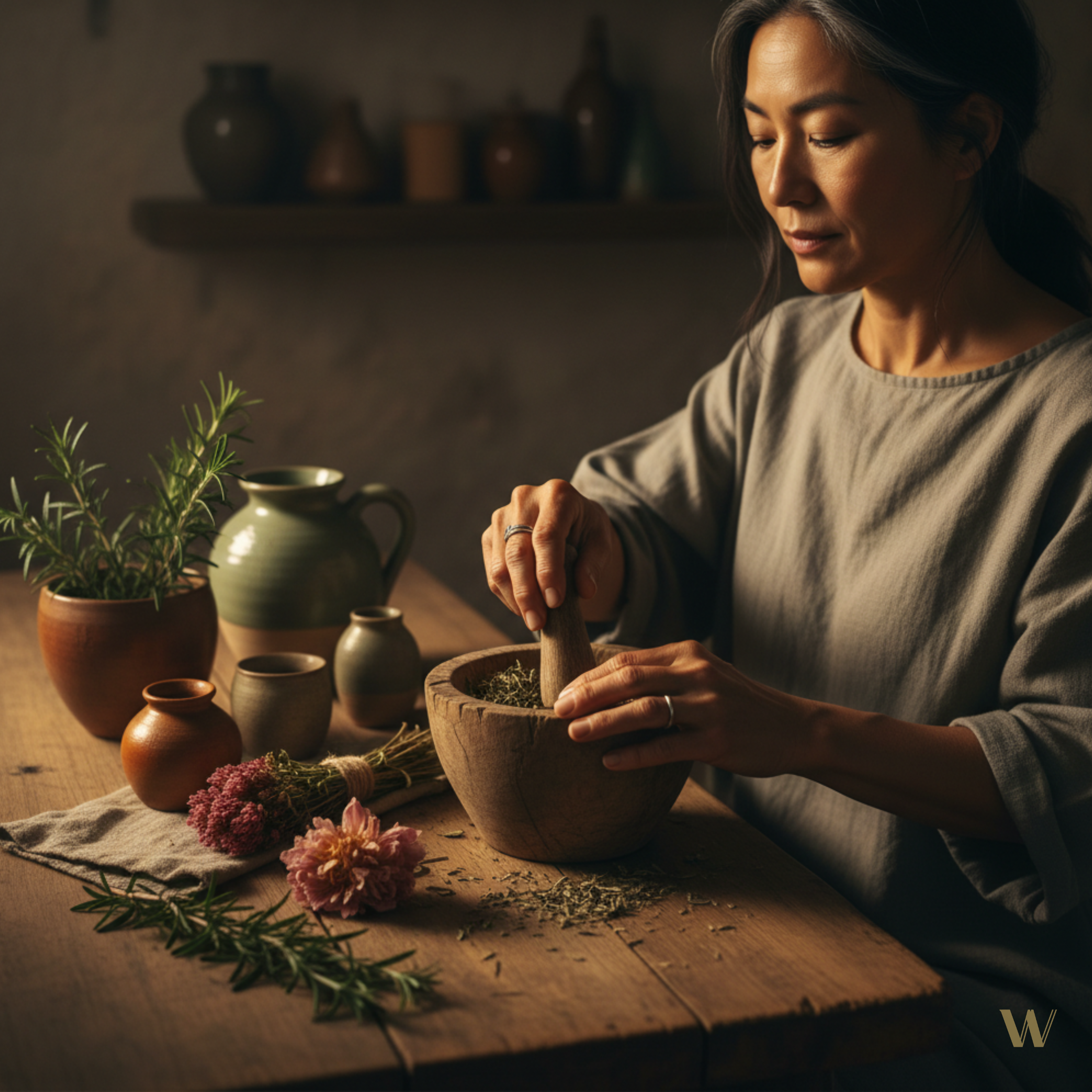 Warm, earthy tones highlight handcrafted herbs and botanicals in rustic ceramic jars, evoking natural wellness and mindful daily rituals.