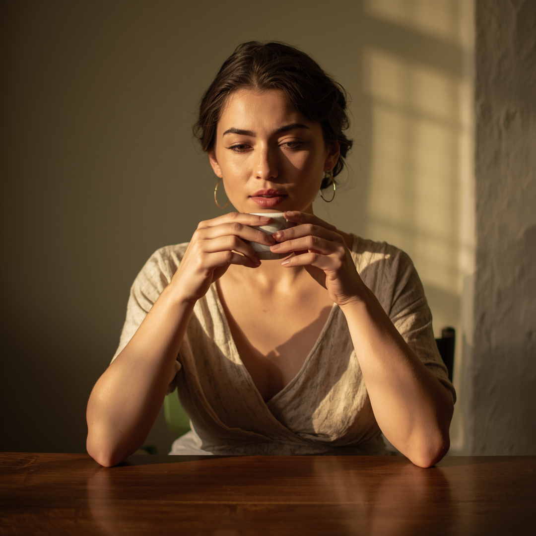 Warm sunlight bathes a woman sipping tea, embodying calm daily gut support with natural wellness.