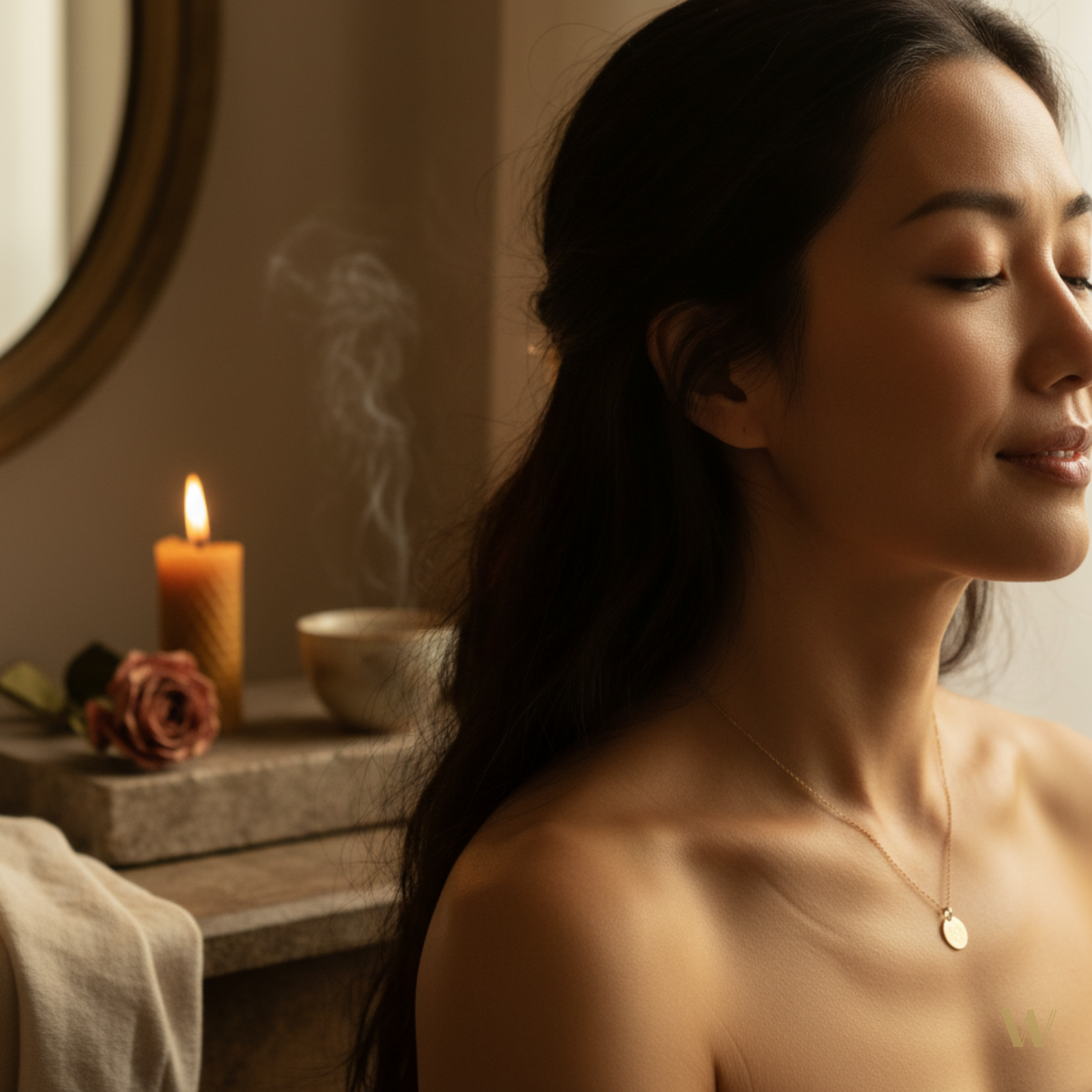 Warm, minimalist wellness scene with golden candlelight, delicate gold necklace, and soft rose—elevating daily self-care rituals.