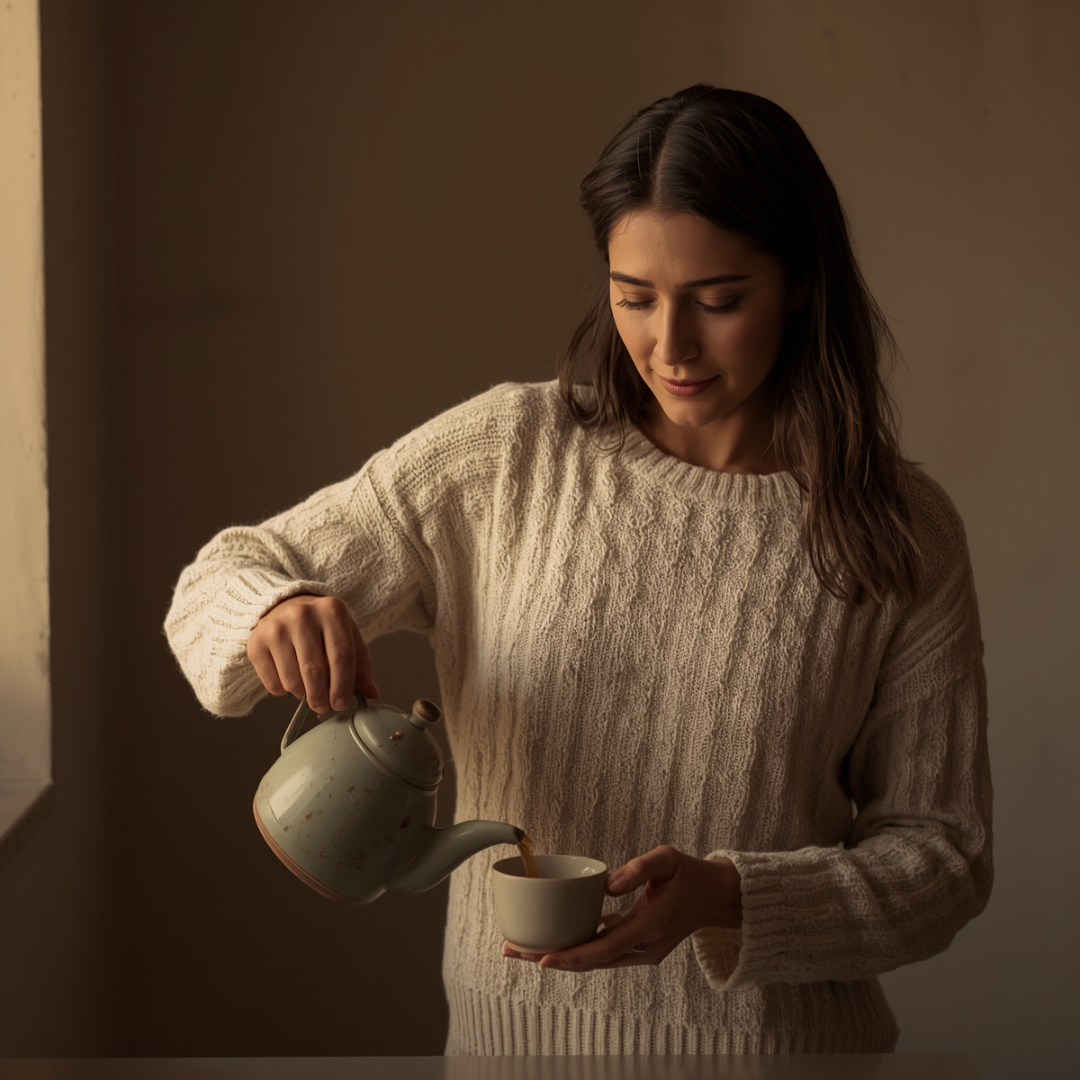 Woman pours herbal tea from ceramic kettle into cup, cozy sweater, warm earth tones, mindful wellness ritual.