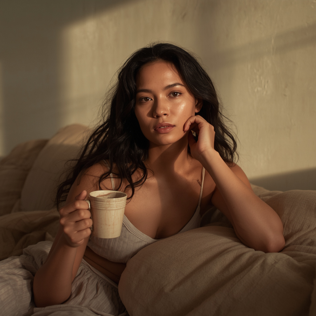 Warm, sunlit woman in cozy linen loungewear holding a mug, embodying calm wellness and digestive comfort.