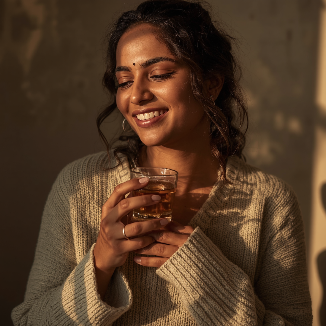 Warm golden light highlights woman sipping amber tonic, cozy knit, earthy tones, wellness lifestyle.