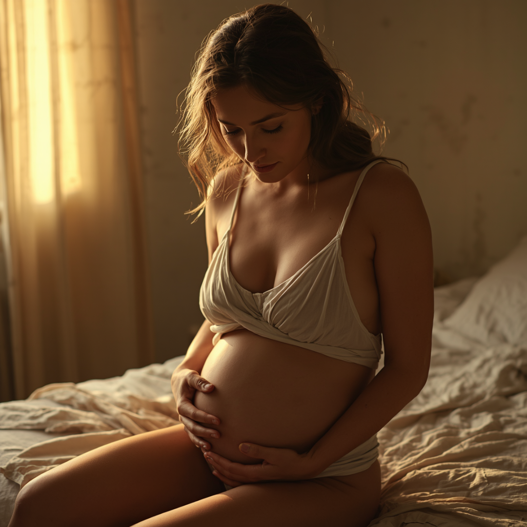 Pregnant woman in soft cream lingerie cradles belly in warm, golden light — serene, intimate maternity collection.