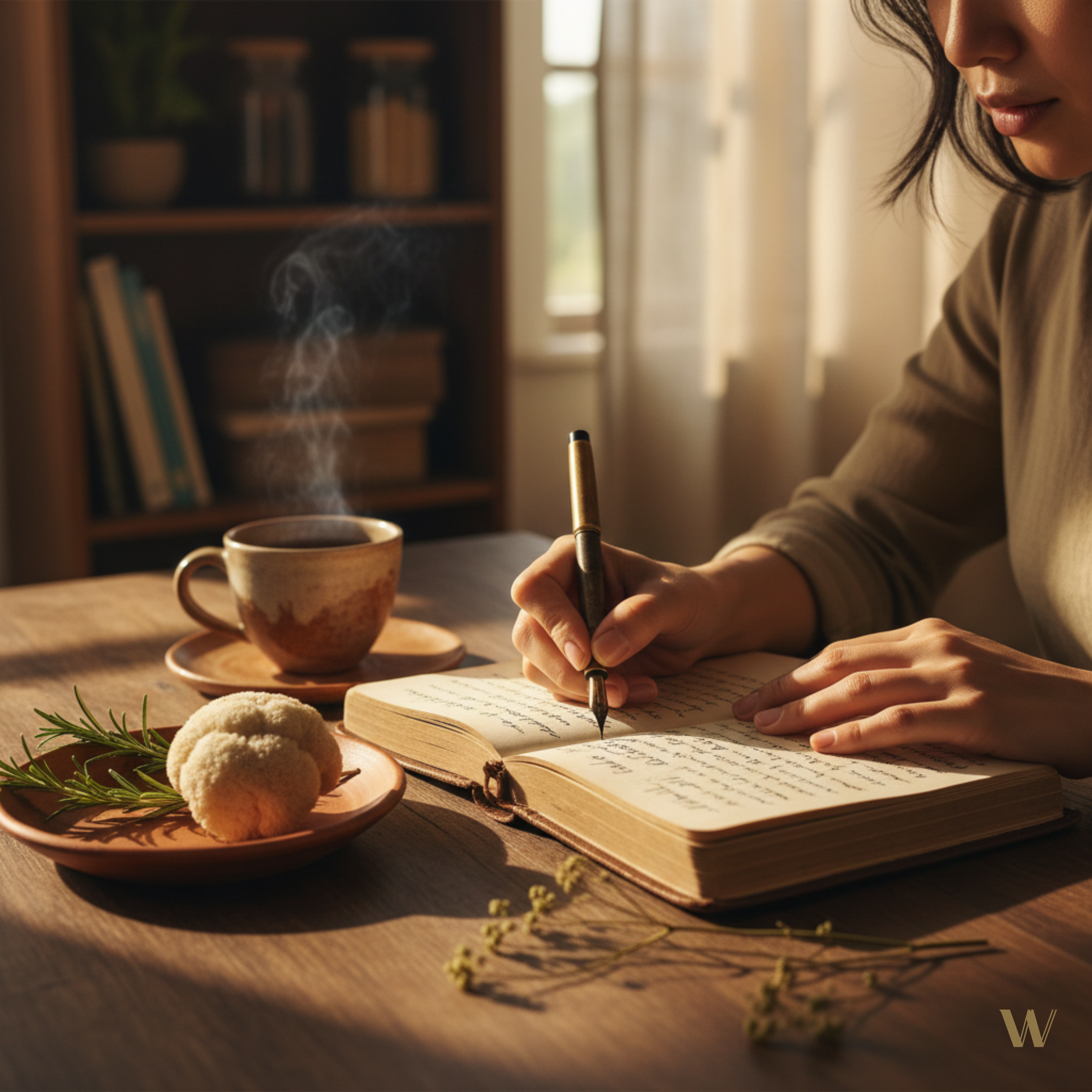 Warm sunlight bathes a woman journaling with a steaming mug, herbs, and a leather-bound notebook—earth tones, mindful wellness, natural focus essentials.