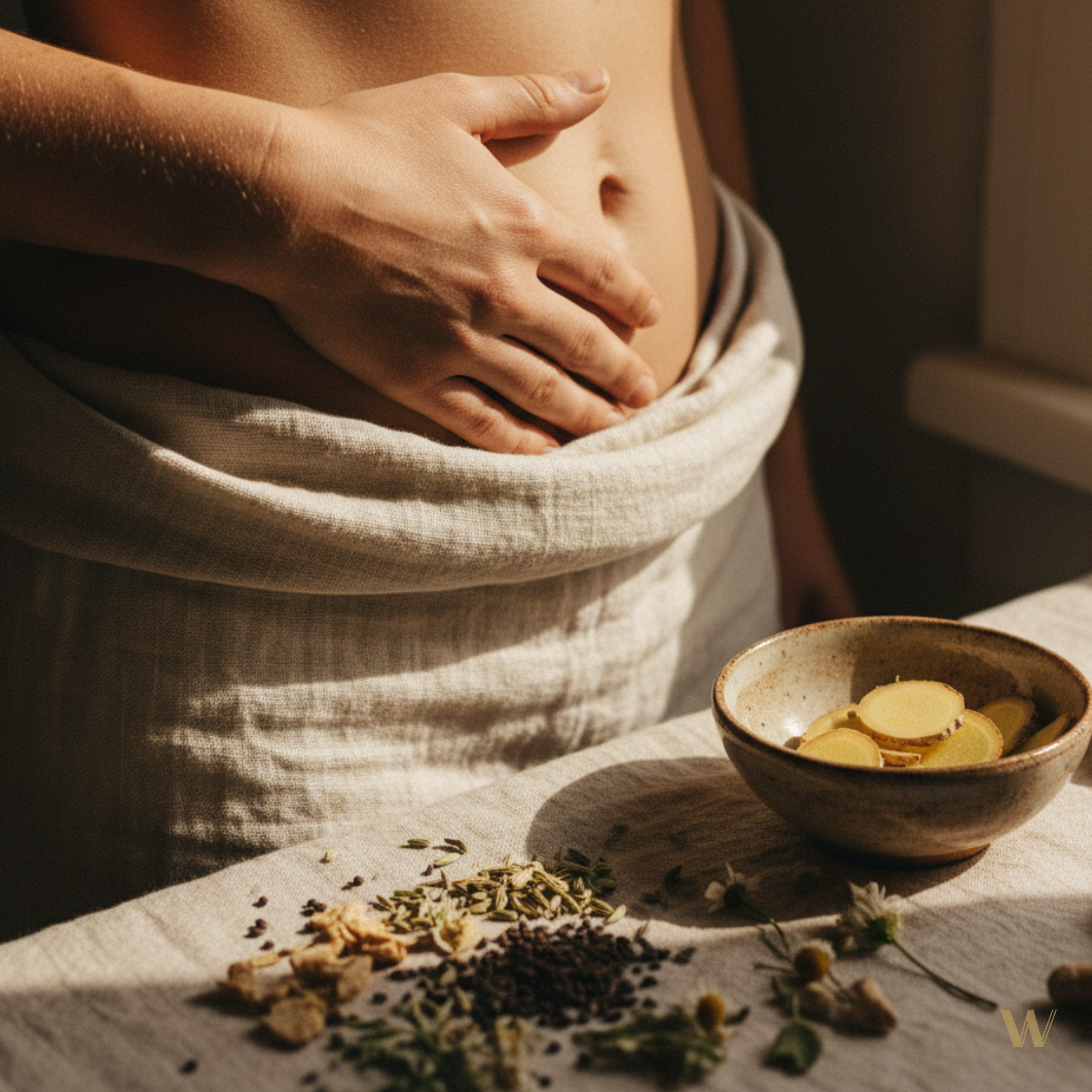 Warm, earthy tones highlight gut health with herbs, ginger, and a hand on the abdomen—natural digestion support.