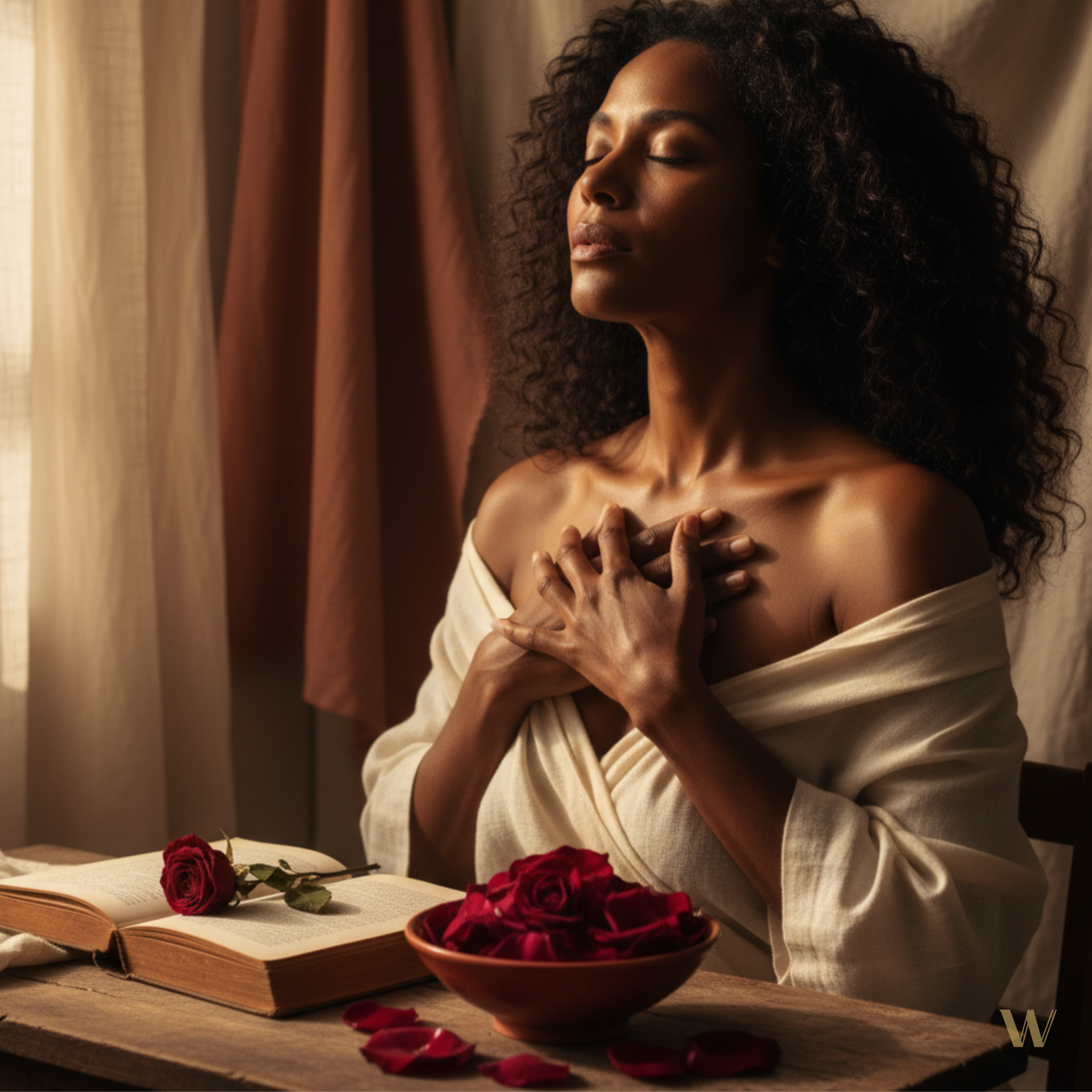 Warm, intimate scene with woman in soft cream wrap, hands over heart, red roses and open book—evoking romance, self-care, and emotional connection.