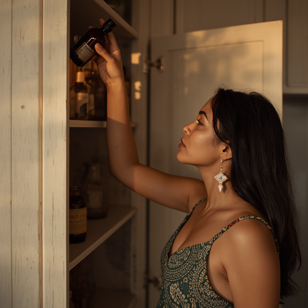 Warm golden light highlights woman in green patterned top reaching for amber bottle, showcasing elegant jewelry and natural beauty essentials.
