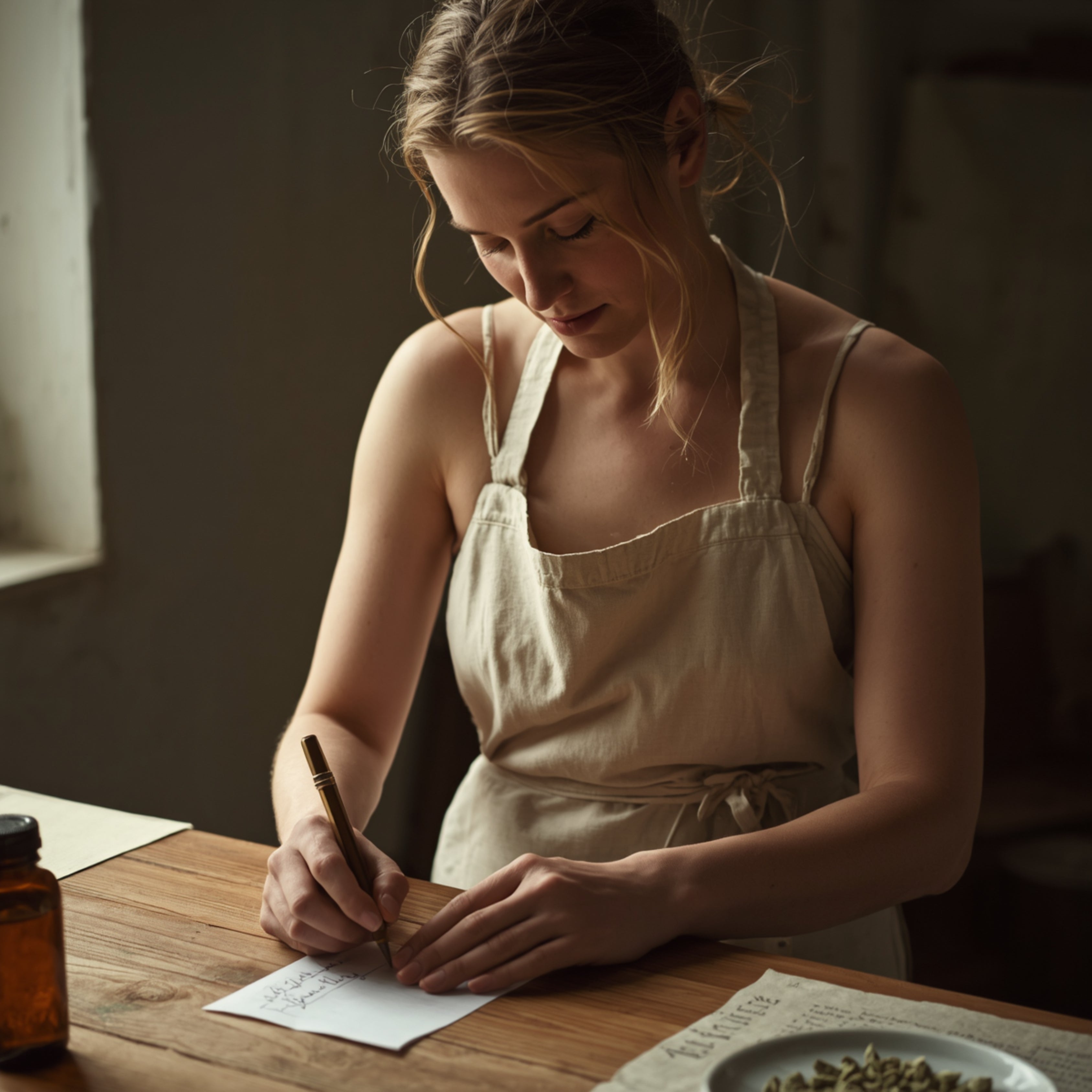 Woman in linen apron writing at rustic wooden table with amber bottle and herbs, evoking handcrafted wellness products in warm, natural tones.