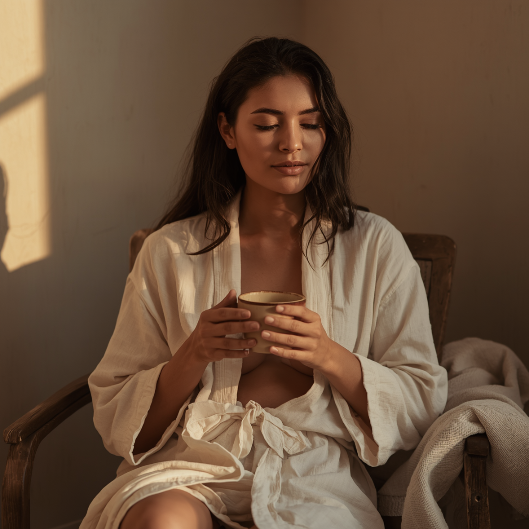 Soft, neutral-toned nursing robe in cream linen, worn by woman sipping tea in warm sunlight—cozy, minimalist postpartum essentials.