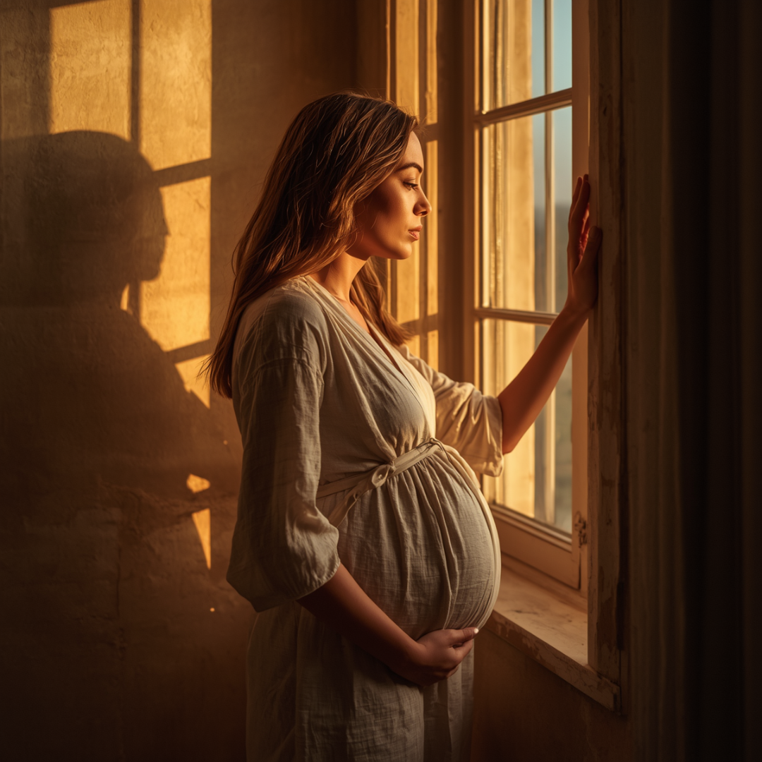 Pregnant woman in soft beige wrap dress cradles belly by sunlit window, golden light, serene maternity moment.