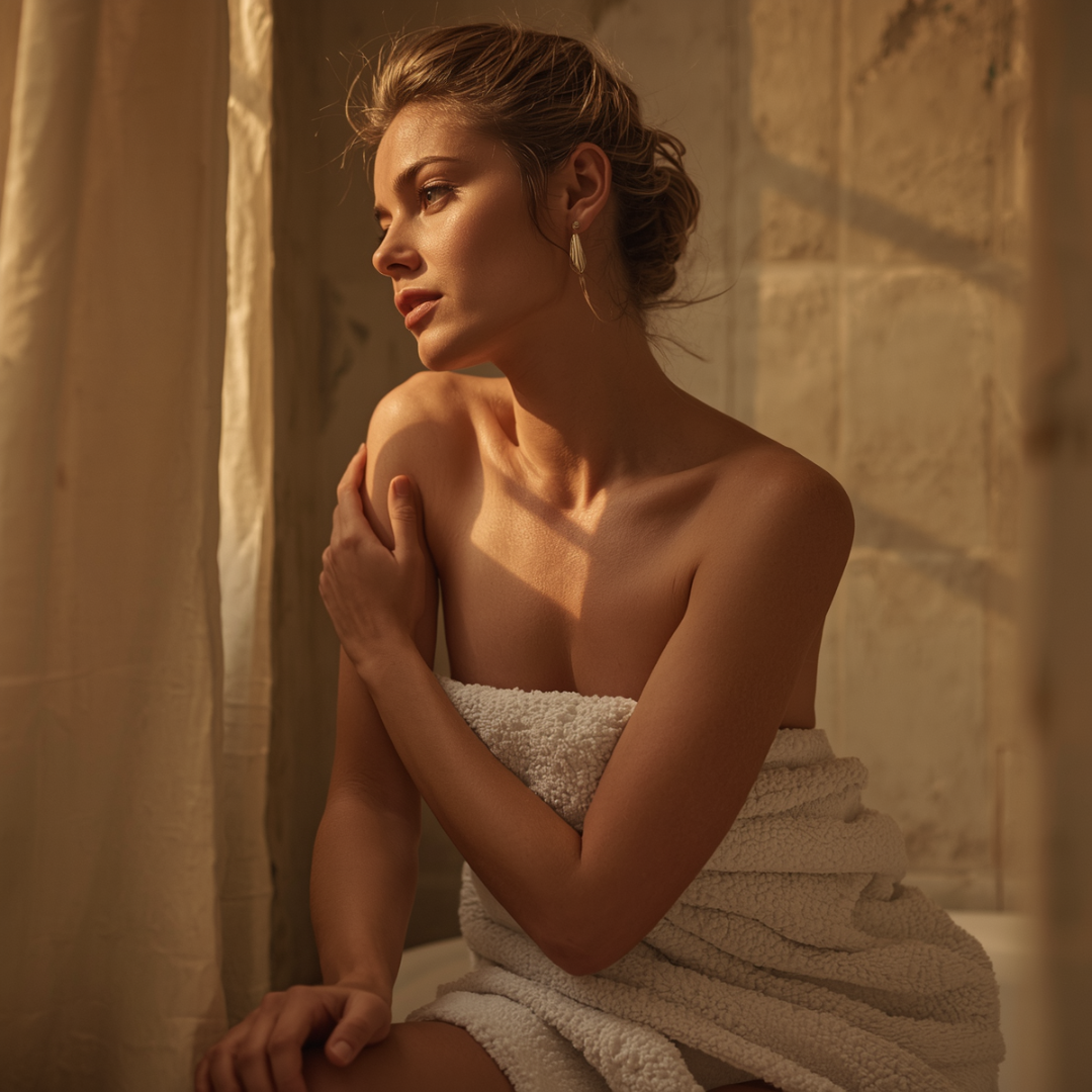 Warm golden light bathes a woman wrapped in a plush white towel, embodying serene self-care and luxurious body ritual.