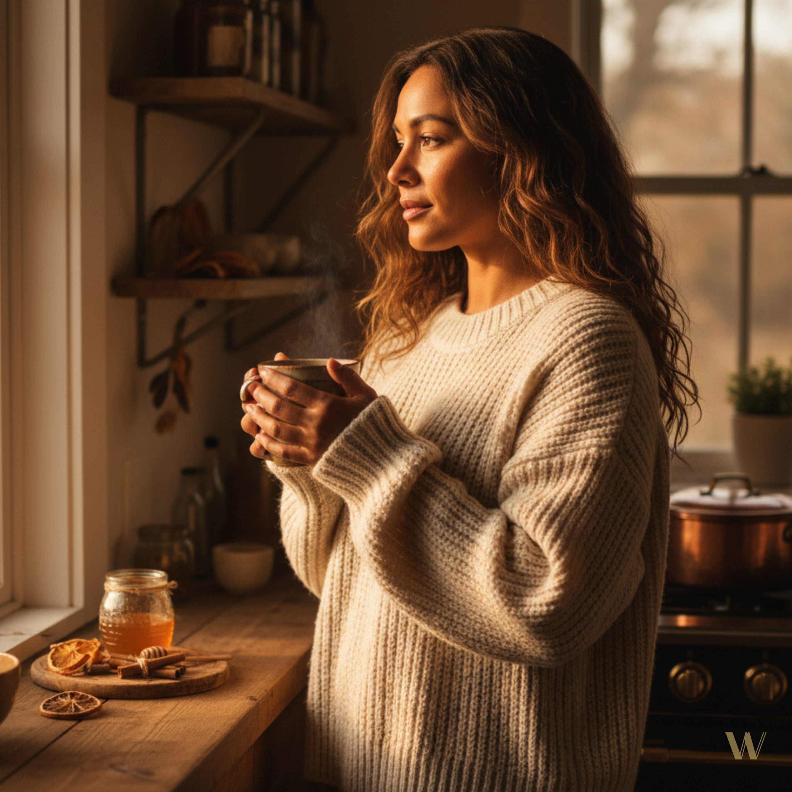 Cozy woman in cream ribbed sweater sipping warm drink by sunlit kitchen window, surrounded by autumnal spices and natural textures.