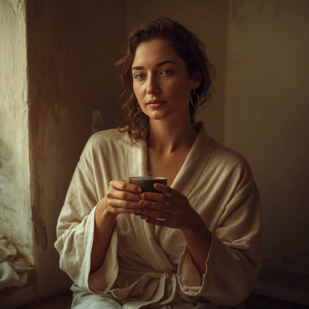 Woman in soft white robe sipping tea by window, warm golden light, serene self-care moment.