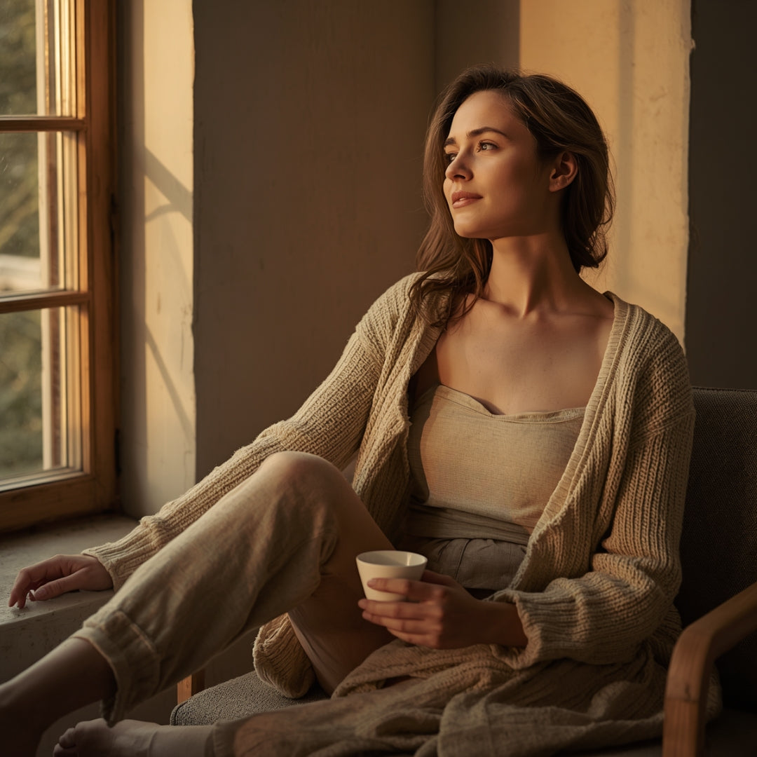 Soft beige knitwear and loungewear in warm sunlight, embodying cozy, mindful living.