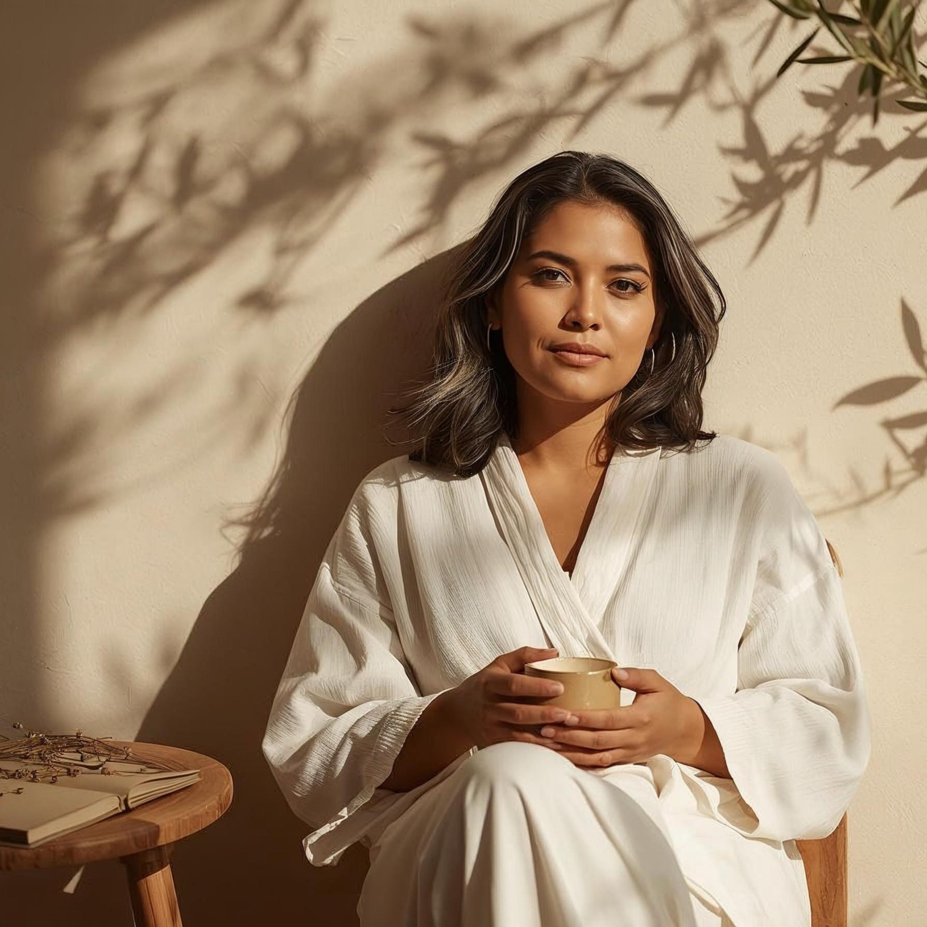 Woman in flowing white robe sips tea in warm sunlight, olive shadows on textured wall — serene, minimalist lifestyle collection.