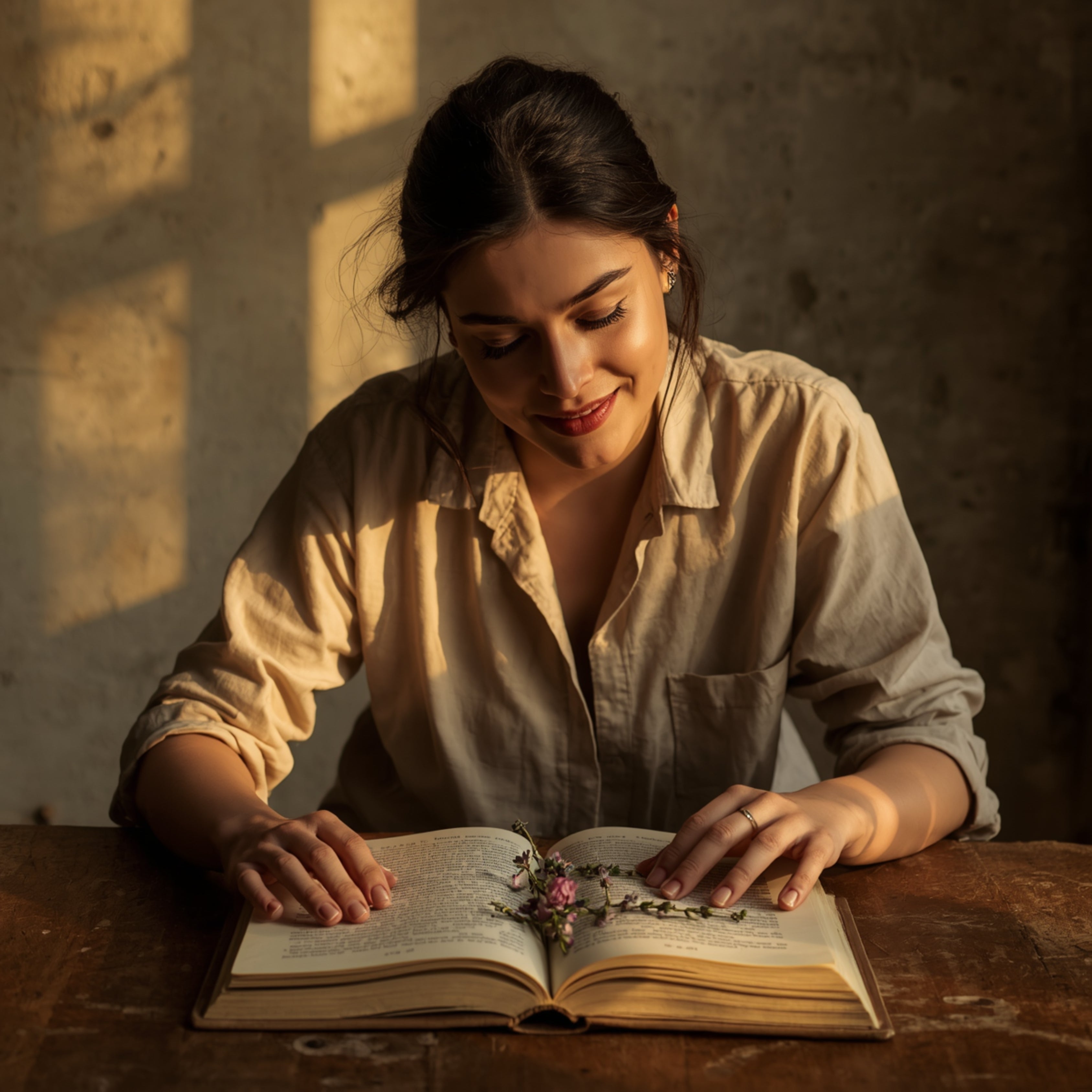 Warm sunlight bathes a woman reading an open book with dried flowers, evoking calm, natural wellness and mindful self-care.