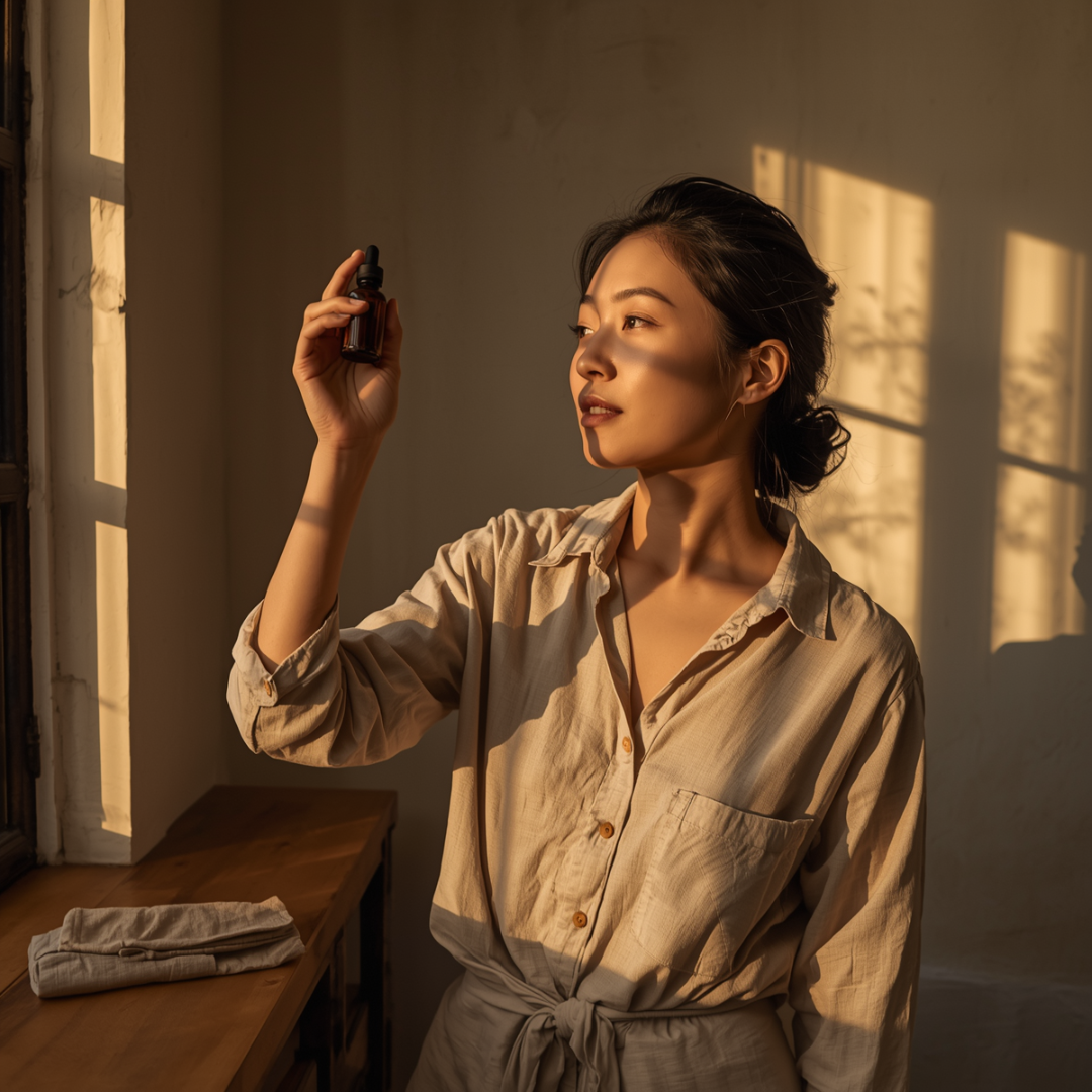 Woman holding amber tincture bottle in warm sunlight, minimalist linen outfit, serene wellness moment.