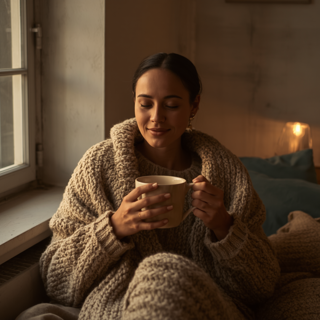 Cozy woman in chunky knit loungewear sipping warm tea by window, soft earth tones, immune-support wellness lifestyle.