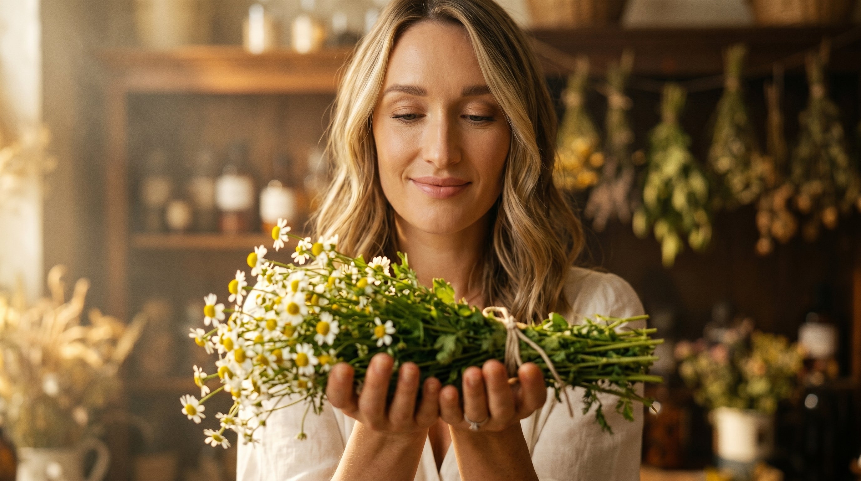 Jasmine Simone holding a bundle of chamomile in an apothecary