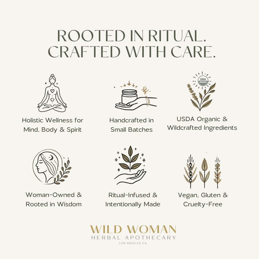 Renewed Heart & Soul herbal tea by Wild Woman Herbal Apothecary, USDA organic, vegan, gluten-free, ritual-infused, handcrafted in small batches, with botanical illustrations and wellness icons.