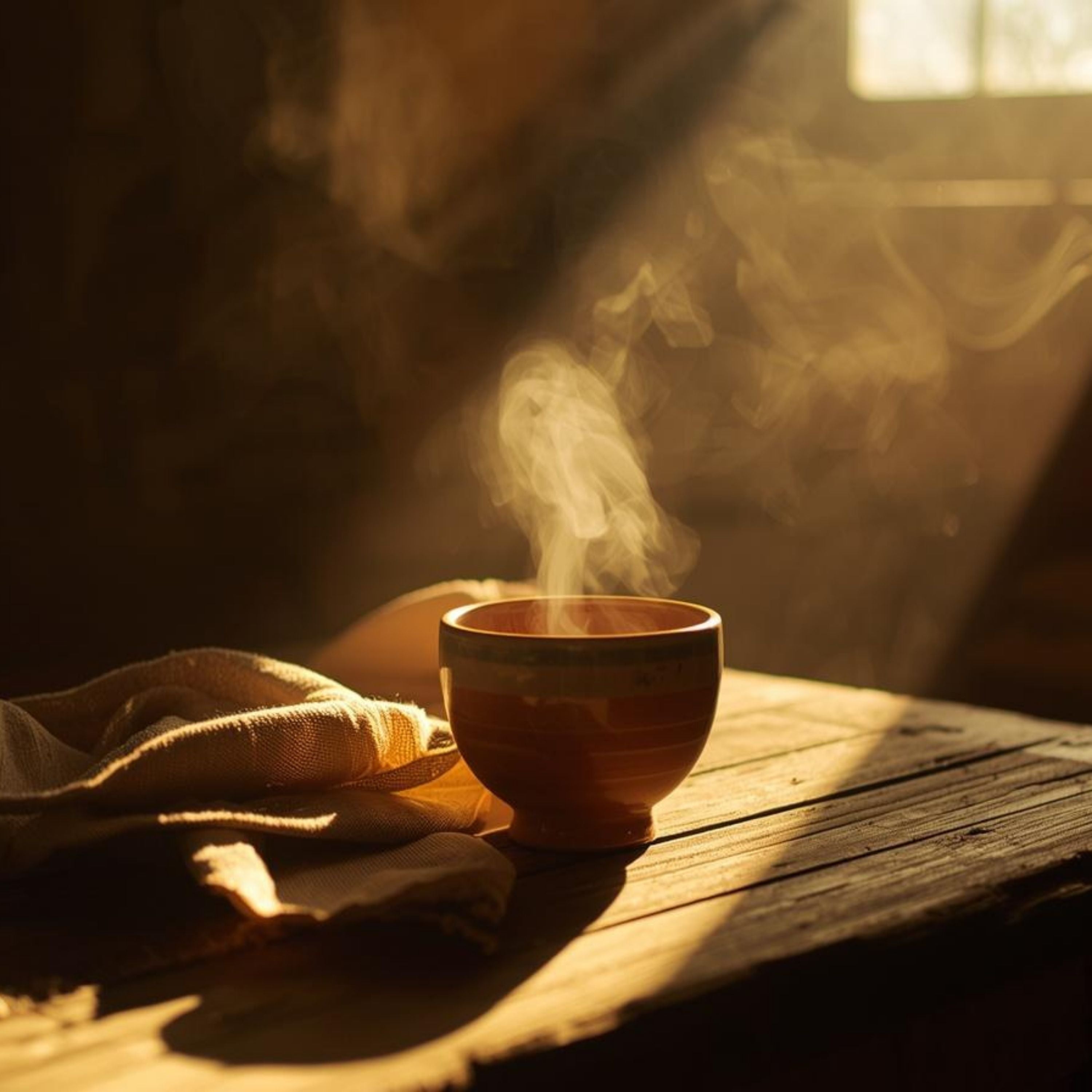 Steam rises from a terracotta bowl on rustic wood, bathed in warm sunlight, evoking ancient feminine healing rituals.