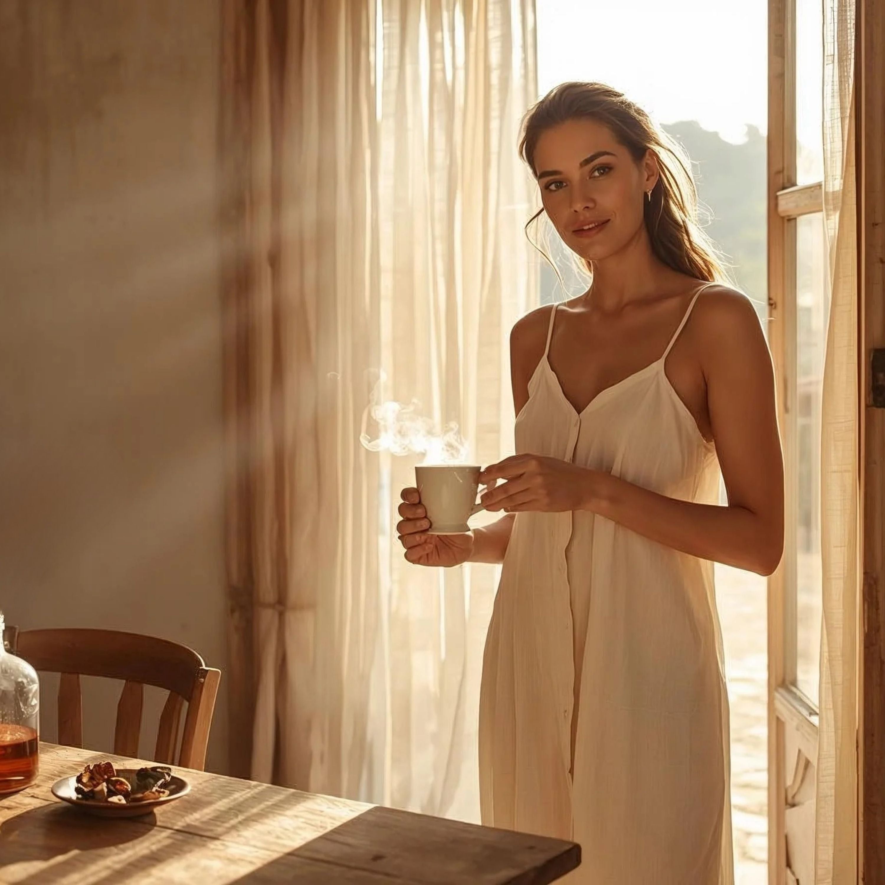 Woman holding a cup of coffee in a warm, sunlit room.