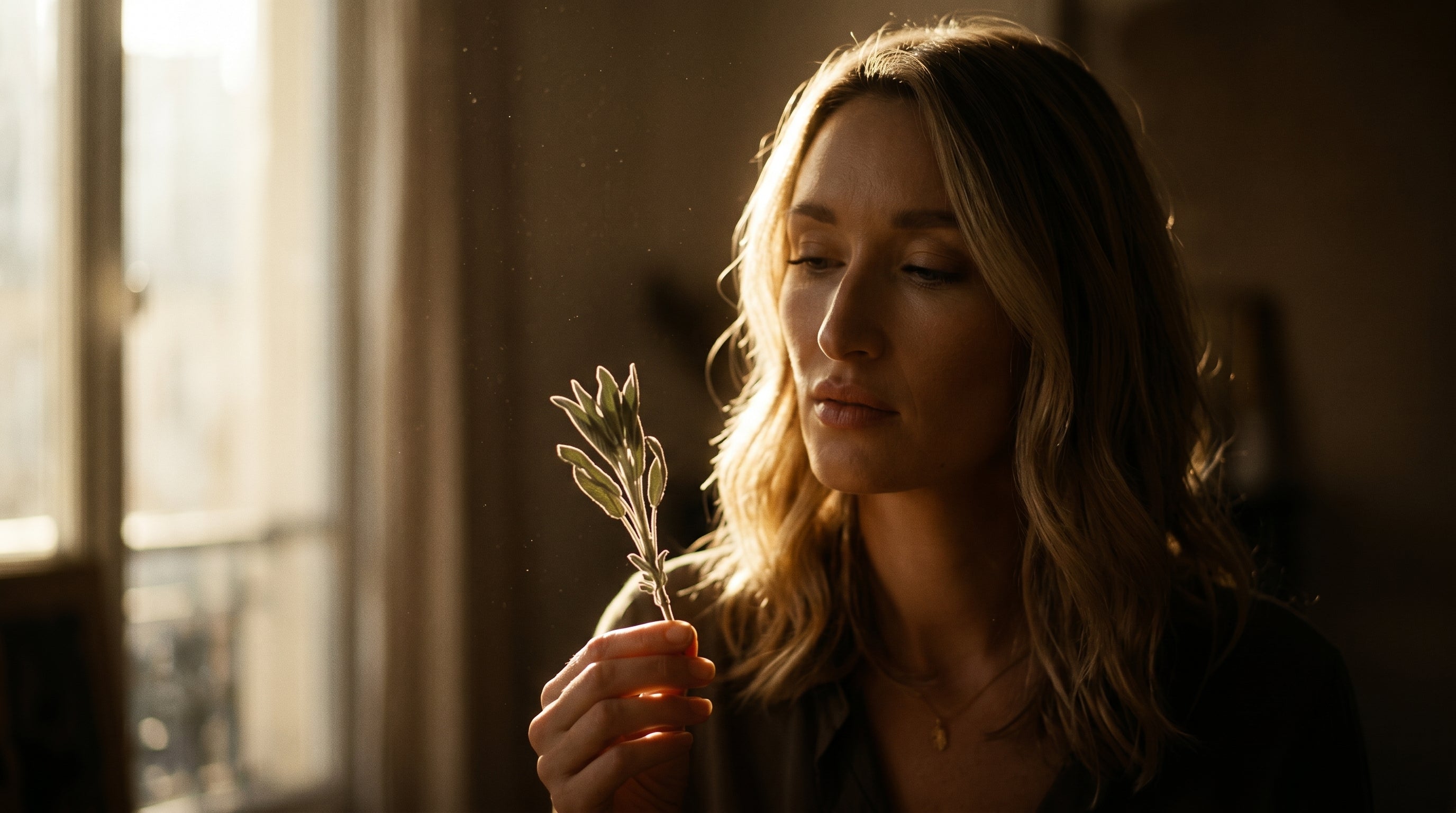 Woman holding a sprig of sage in a softly lit room