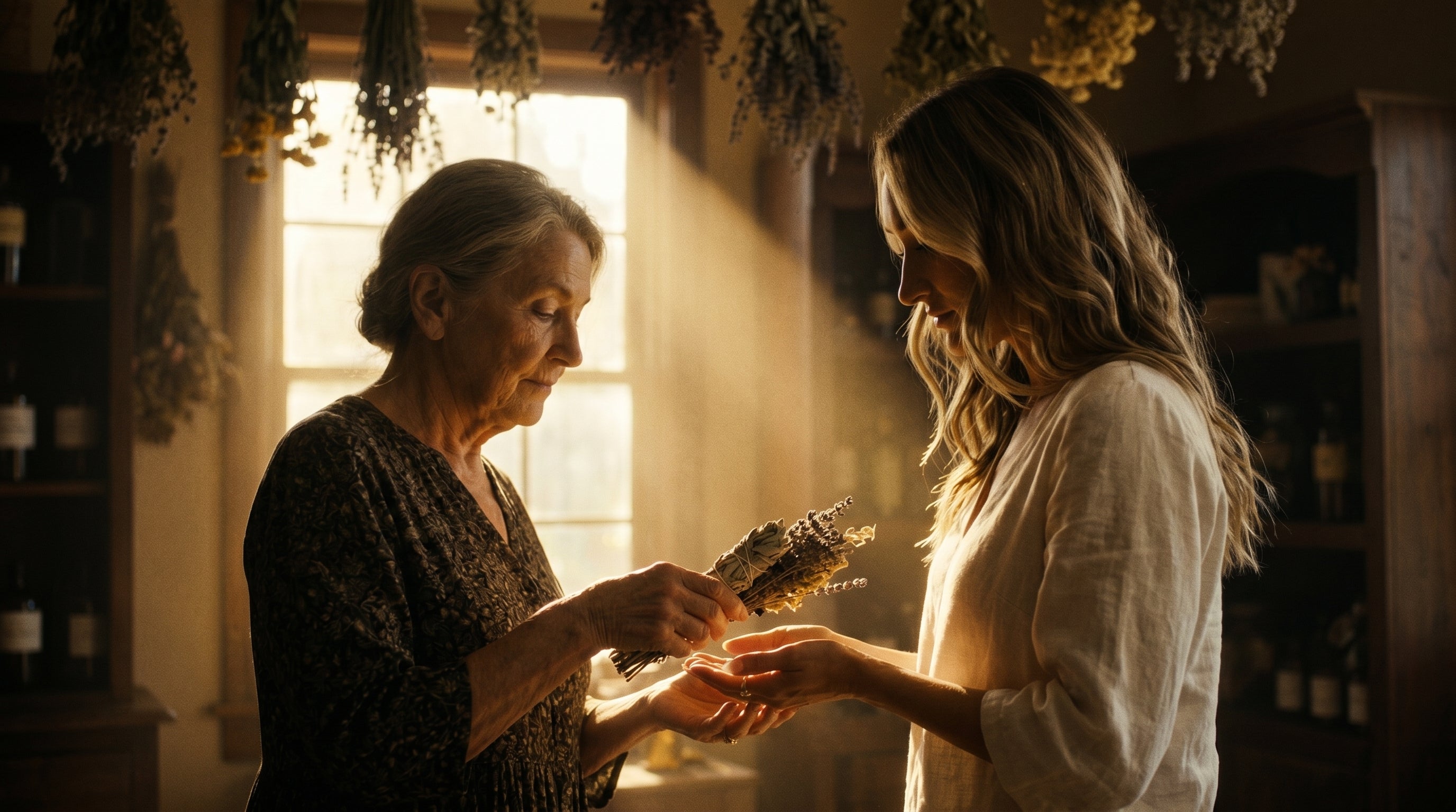 Jasmine Simone receiving bundles of sage and herbs form and elder woman in a dimly lit apothecary