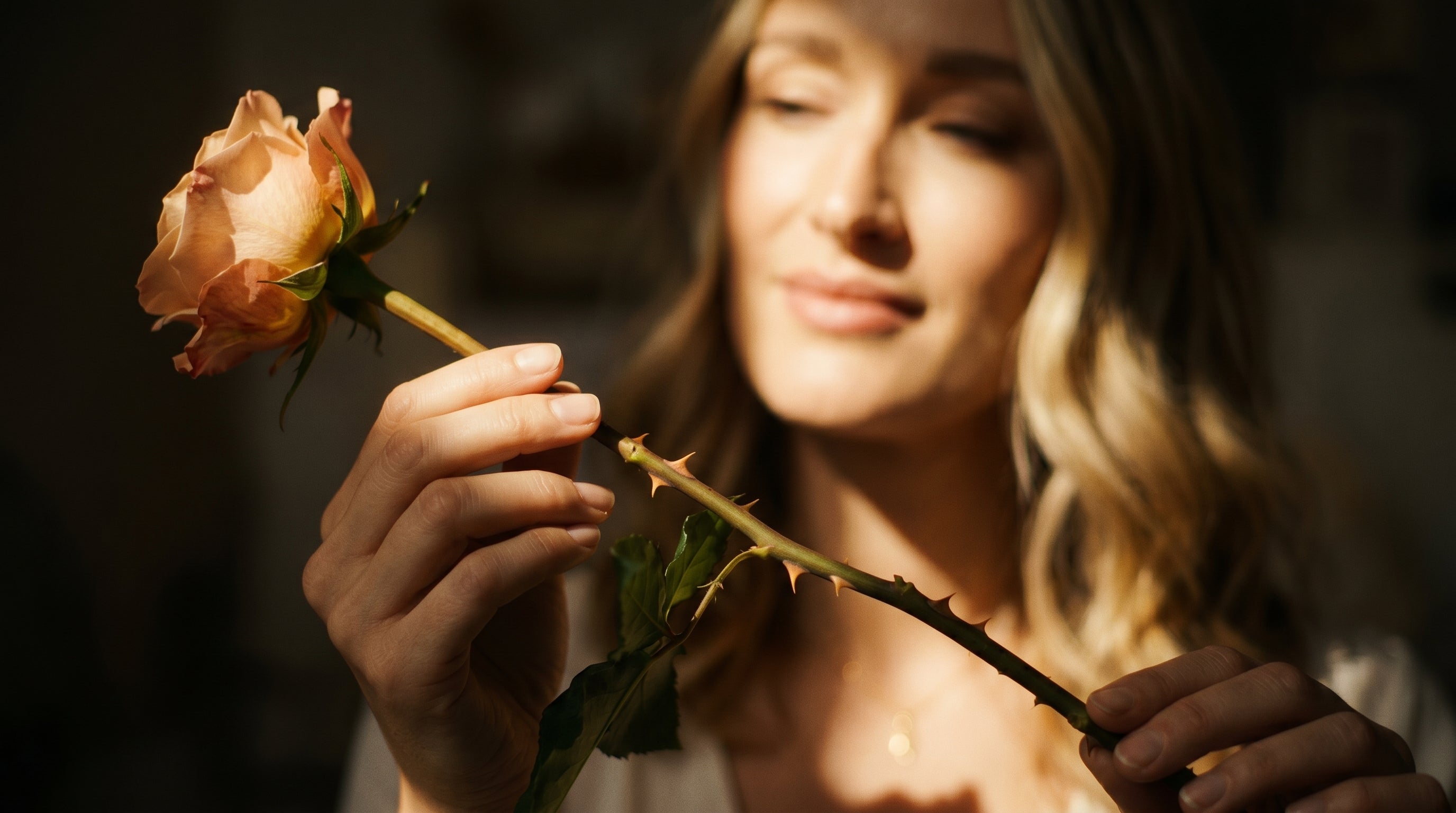 Woman holding a withered rose close to her face against a blurred background