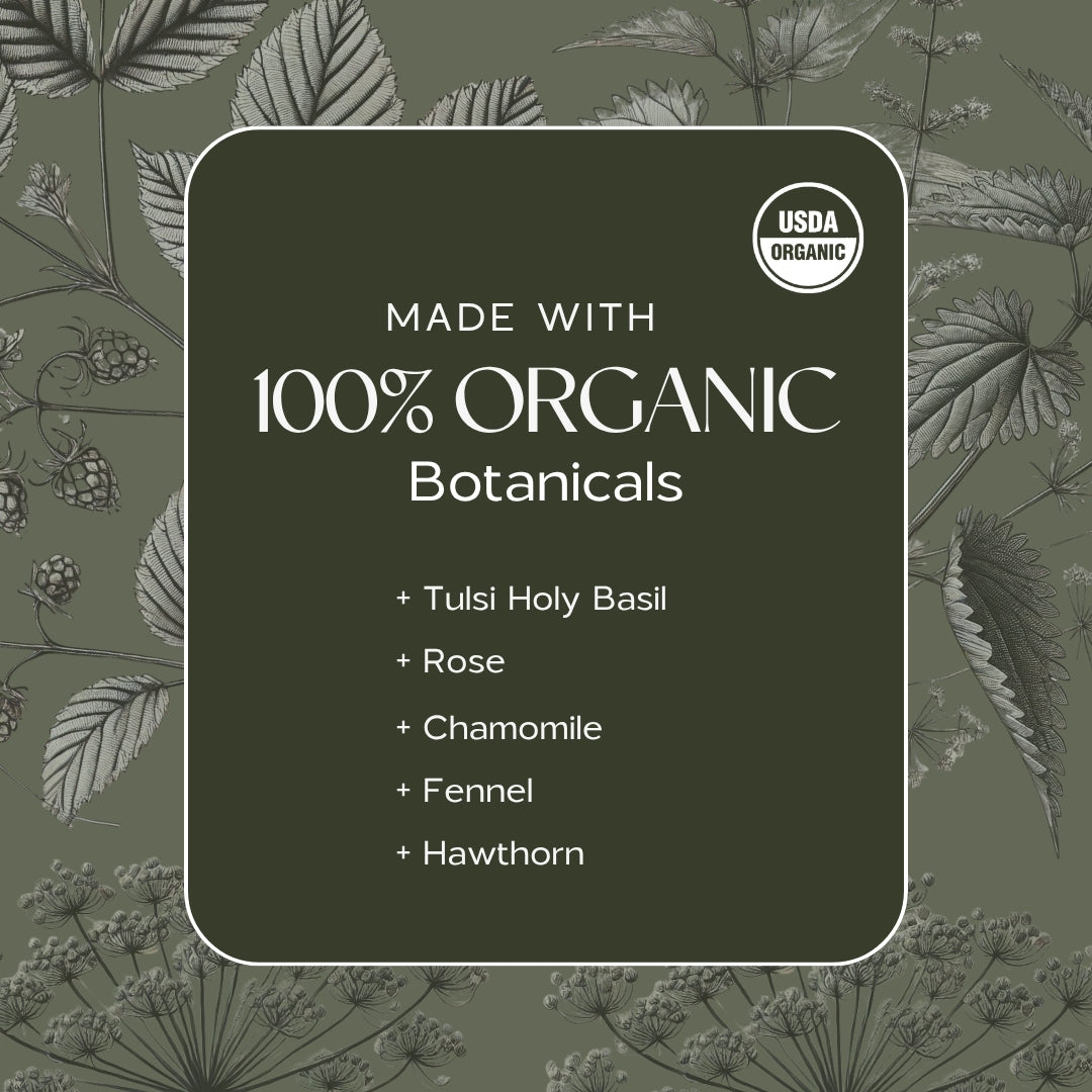 Organic herbal tea blend with tulsi, rose, chamomile, fennel, and hawthorn on dark green label with botanical illustrations