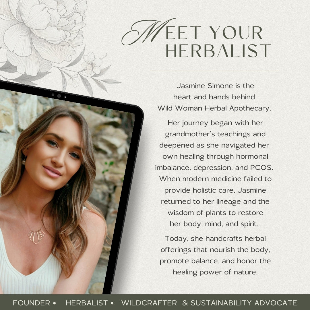 Renewed Heart & Soul herbal tea by Wild Woman Herbal Apothecary, featuring botanical illustrations and founder Jasmine Simone in a white top, lifestyle view