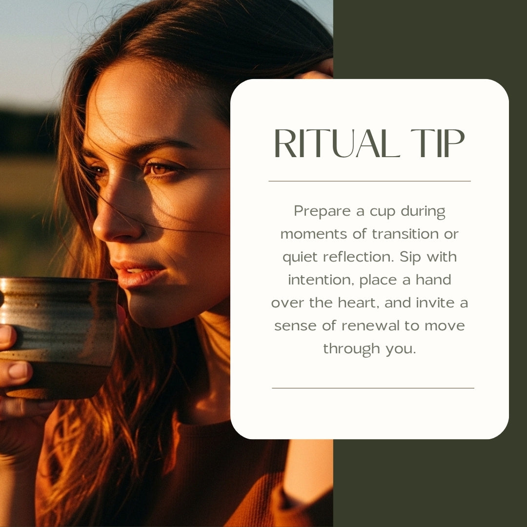 Renewed Heart & Soul tea in ceramic mug held by woman in warm golden light, side view, lifestyle shot