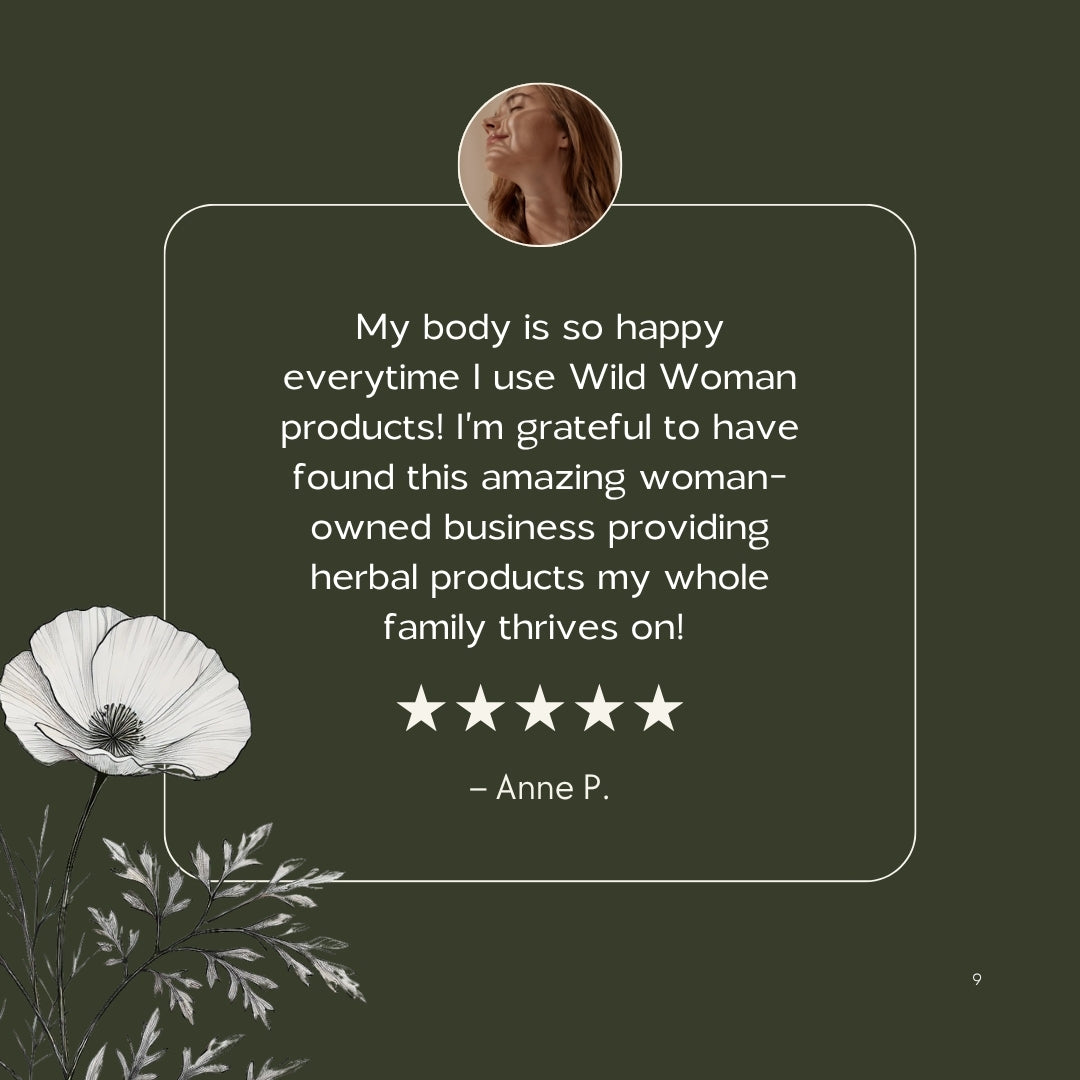 Five-star review for Wild Woman products with a photo of a woman and floral elements on a dark background.