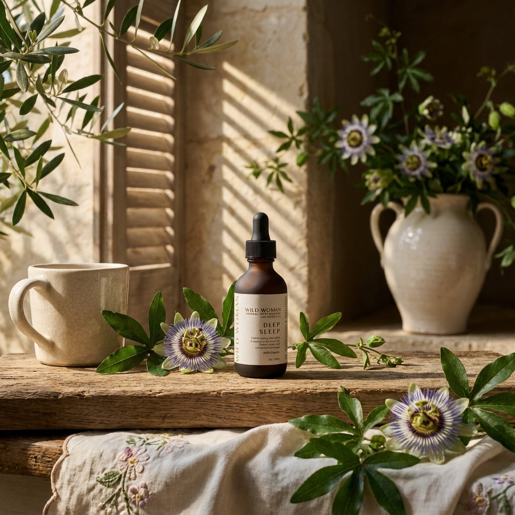 Amber glass deep sleep tincture bottle by Wild Woman, with black dropper cap, surrounded by passionflowers and greenery on rustic wooden surface.