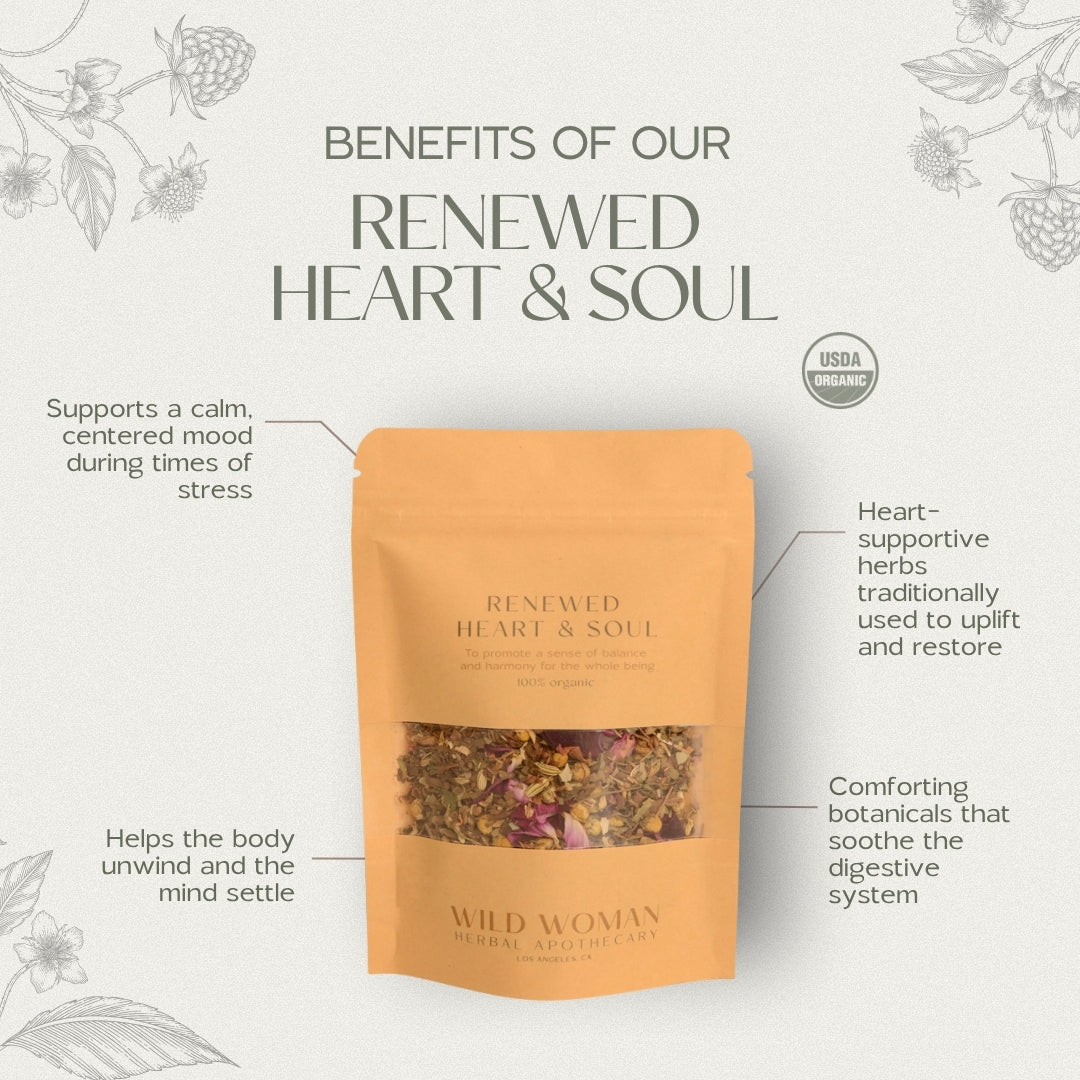 Orange resealable tea pouch with visible herbal blend, by Wild Woman Herbal Apothecary, featuring USDA organic label and botanical illustrations.