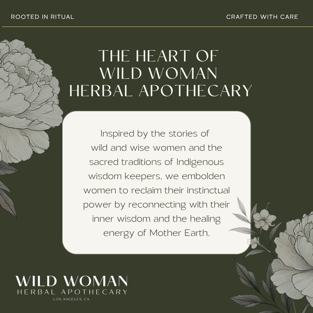 Renewed Heart & Soul herbal tea by Wild Woman Herbal Apothecary, dark green background with white floral illustrations and brand text.