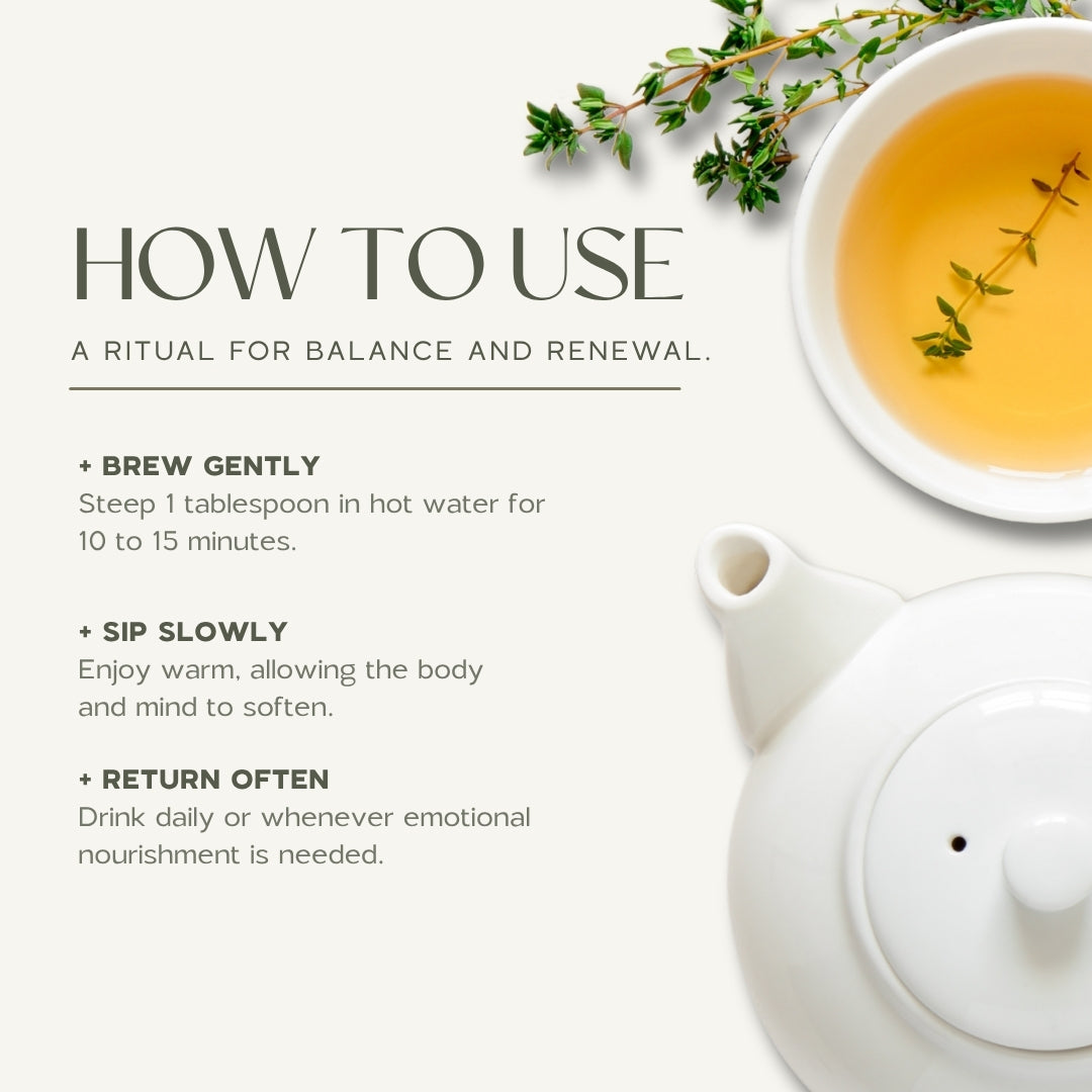 Golden herbal tea in white ceramic cup with fresh thyme sprig, served beside matching teapot, overhead lifestyle view