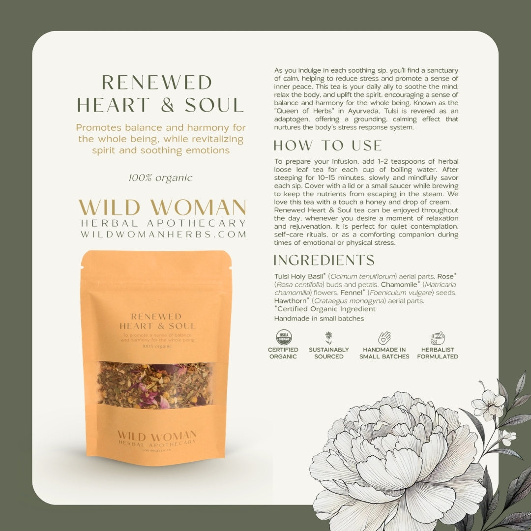 Organic Renewed Heart & Soul herbal tea by Wild Woman in matte orange pouch with clear window, showcasing colorful loose leaf blend and botanical illustrations.